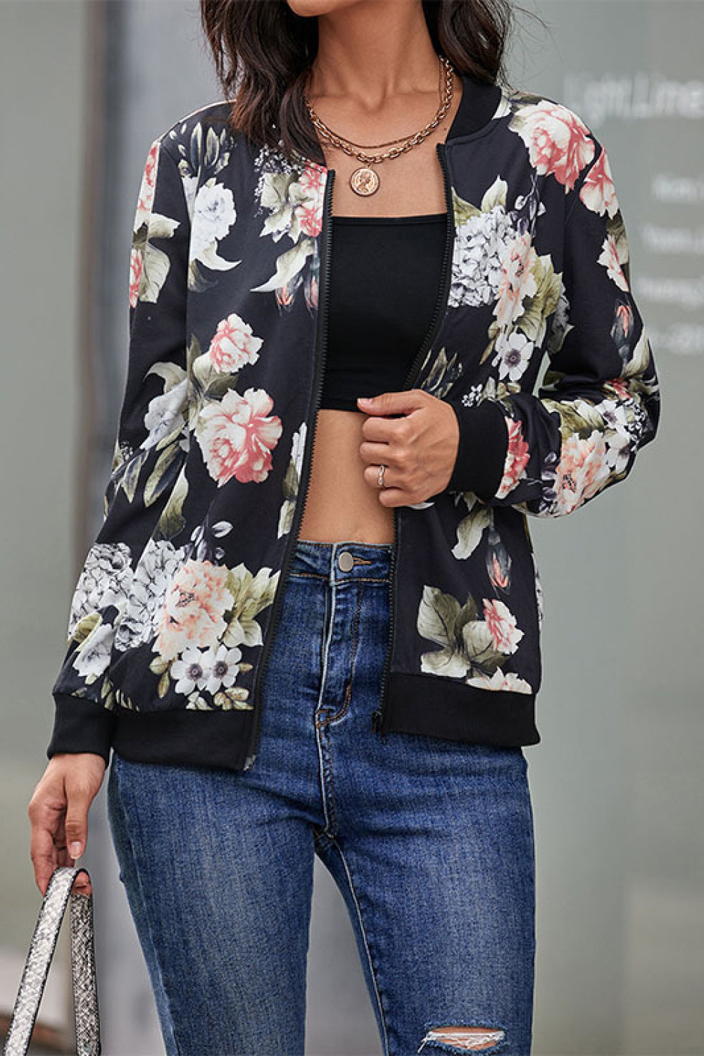 Floral Print Zip Up Bomber Jacket - SHIRLYN.CO