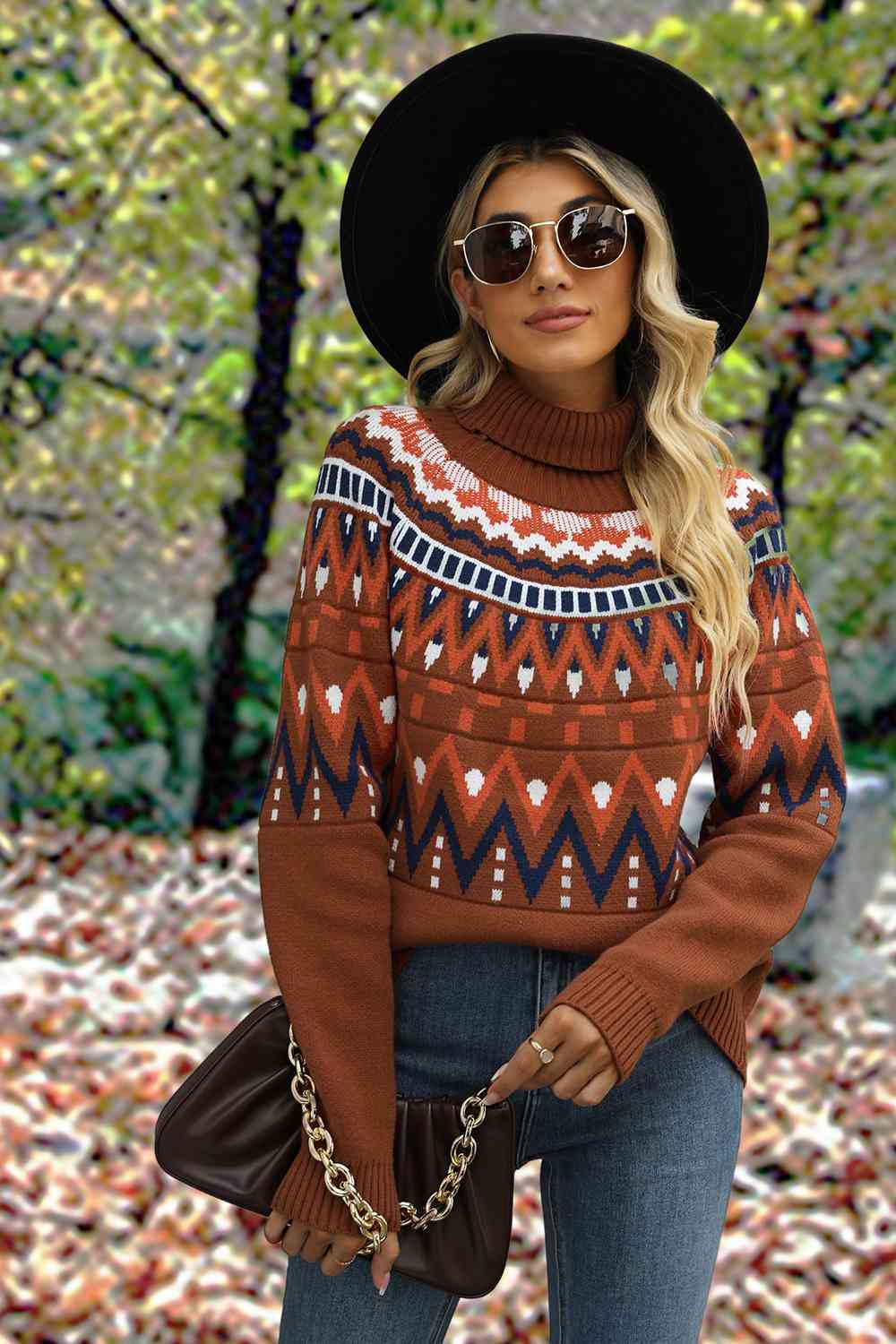 Geometric Turtleneck Long Sleeve Sweater