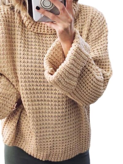 Waffle-Knit Turtleneck Round Neck Sweater