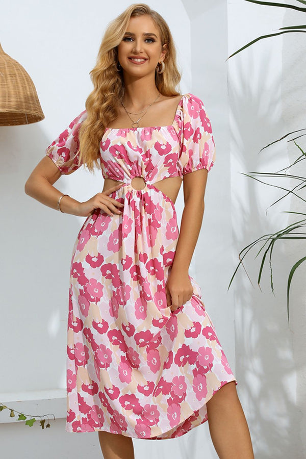 Floral Cutout Square Neck Puff Sleeve Dress - SHIRLYN.CO