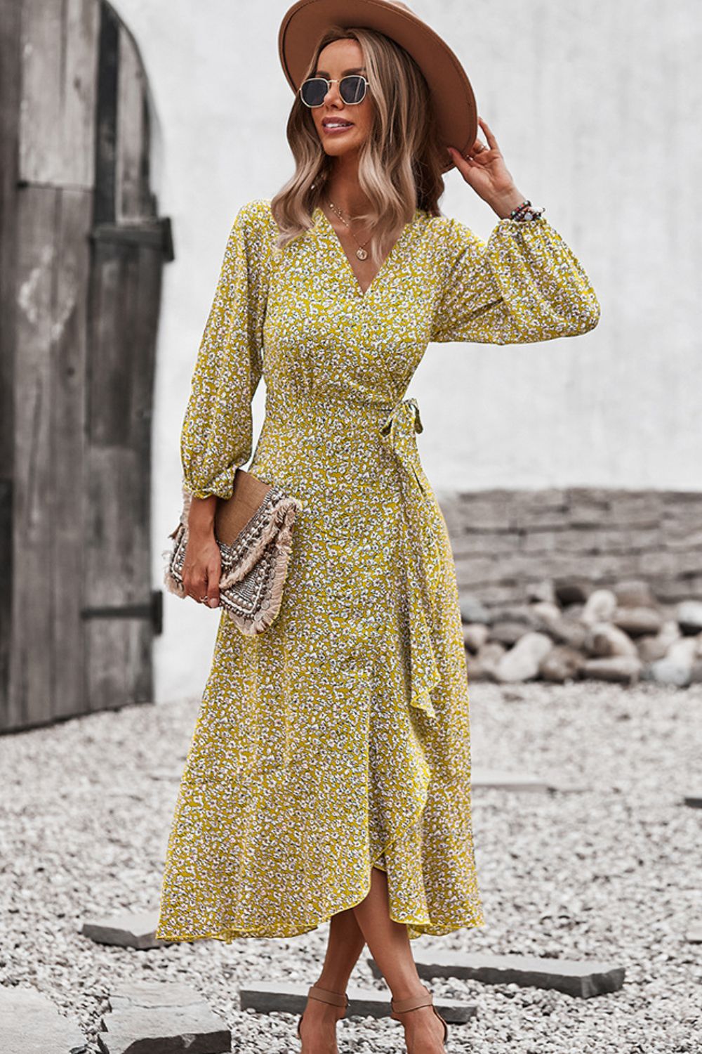 Floral Surplice Neck Long Sleeve Dress - SHIRLYN.CO