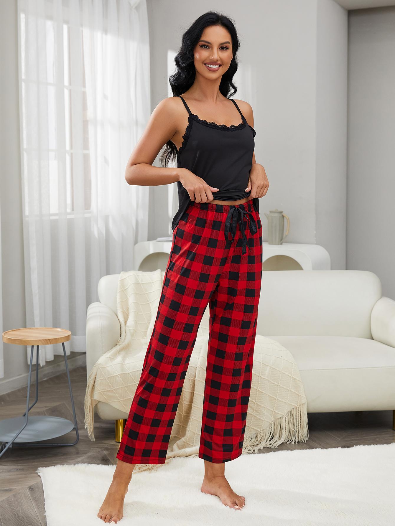 Lace Trim Cami and Plaid Pants Lounge Set - SHIRLYN.CO