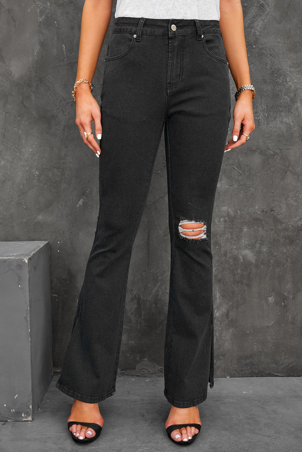 Side Slit Distressed Flare Jeans - SHIRLYN.CO