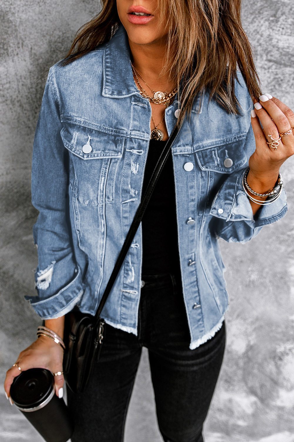 Distressed Raw Hem Denim Jacket - SHIRLYN.CO