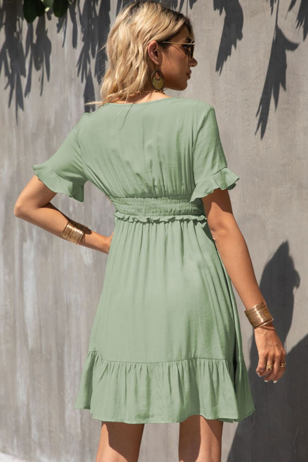 Smocked Waist Flounce Sleeve Ruffle Hem Dress - SHIRLYN.CO