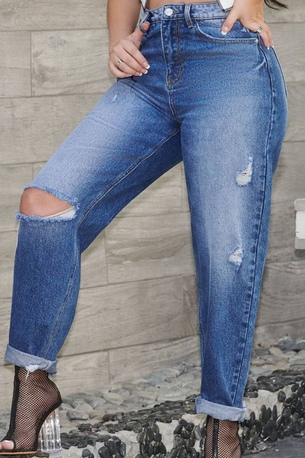 High Waist Distressed Tapered Jeans - SHIRLYN.CO