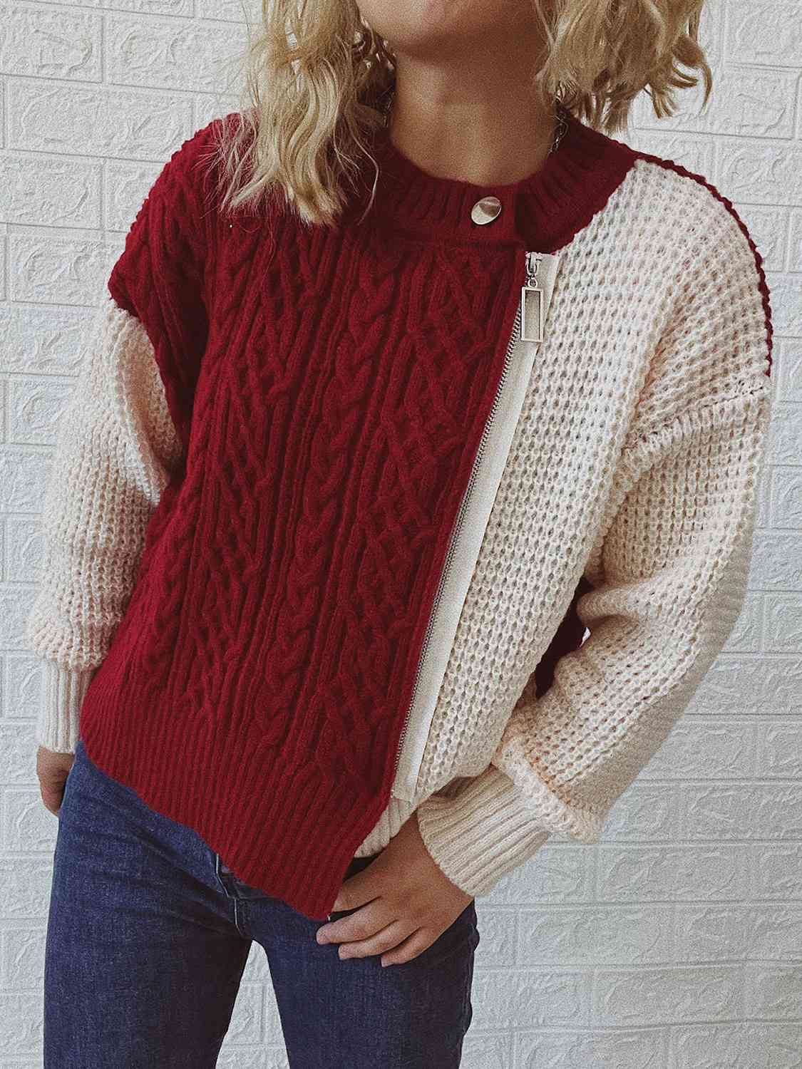 Cable-Knit Contrast Zip-Up Cardigan