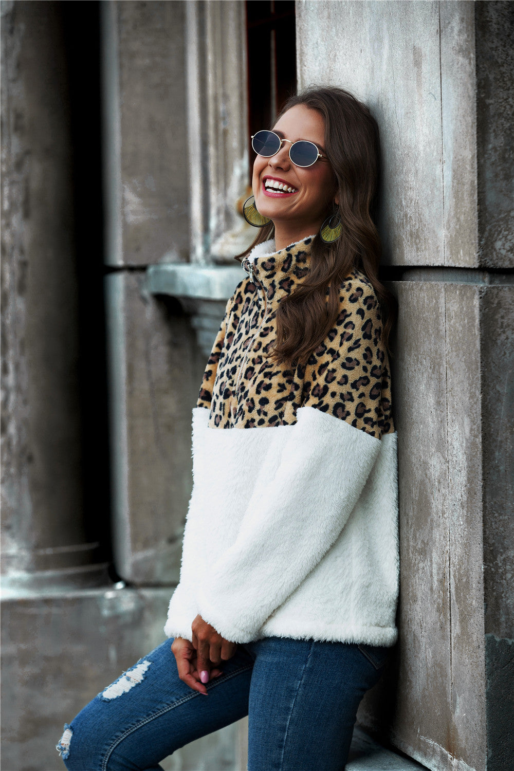 Leopard Color Block Half-Zip Collar Teddy Sweatshirt - SHIRLYN.CO