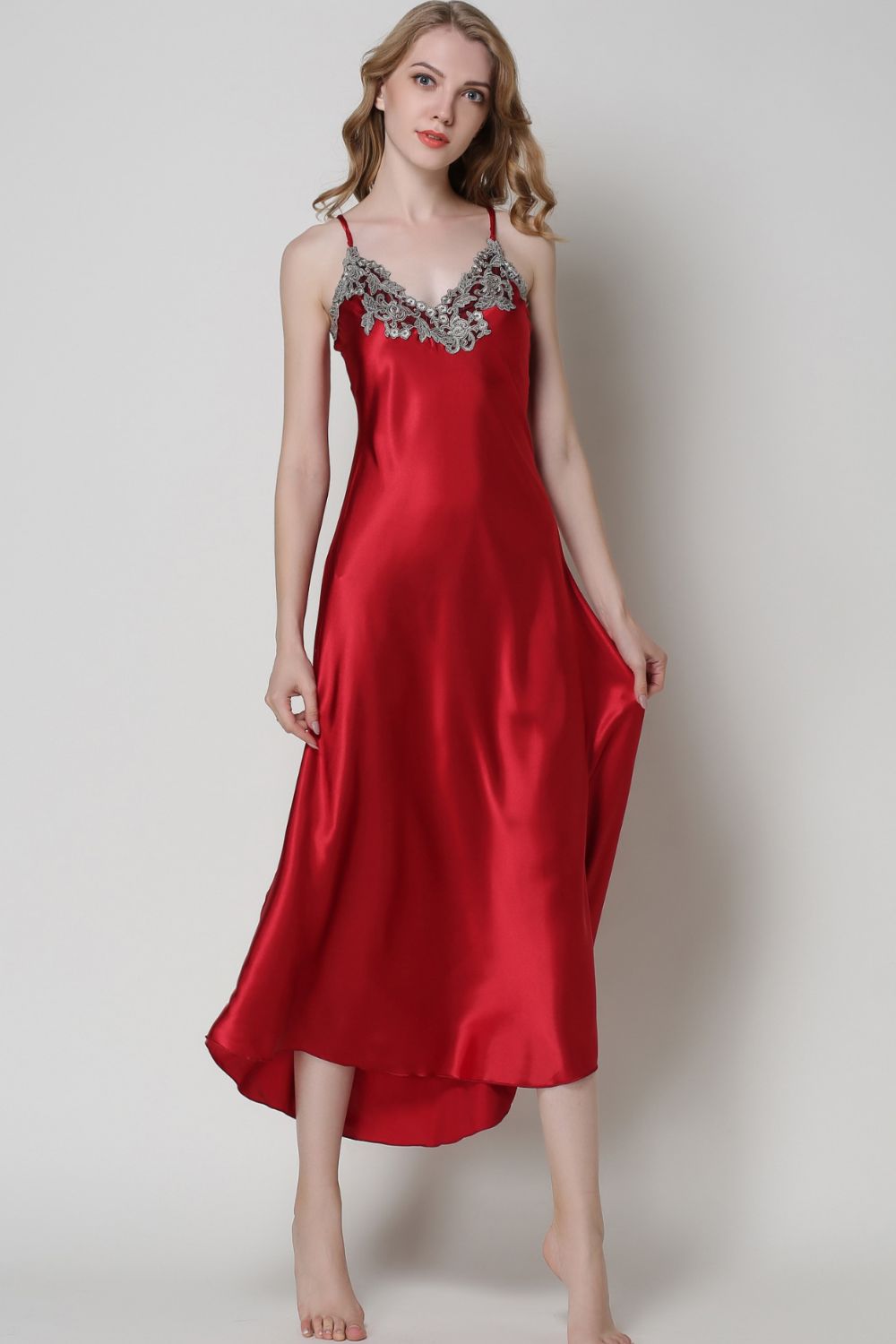 Full Size Lace Trim V-Neck Spaghetti Strap Satin Night Dress - SHIRLYN.CO