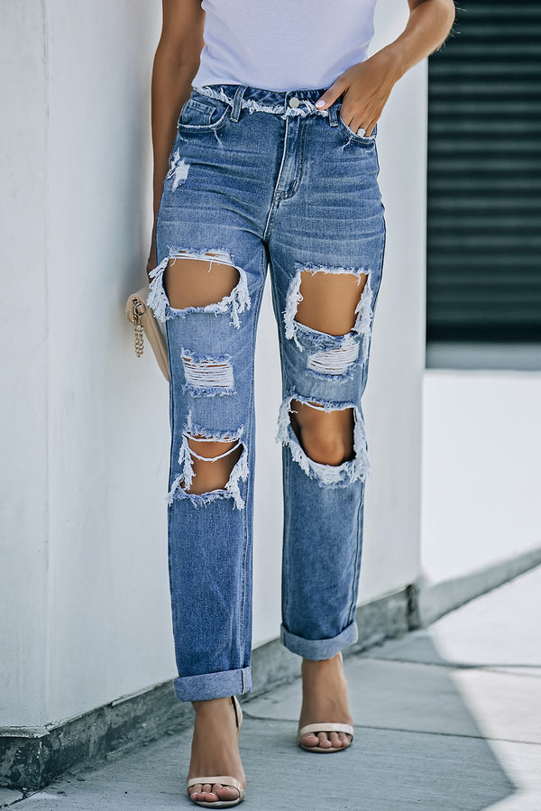 Distressed Frayed Trim Straight Leg Jeans - SHIRLYN.CO