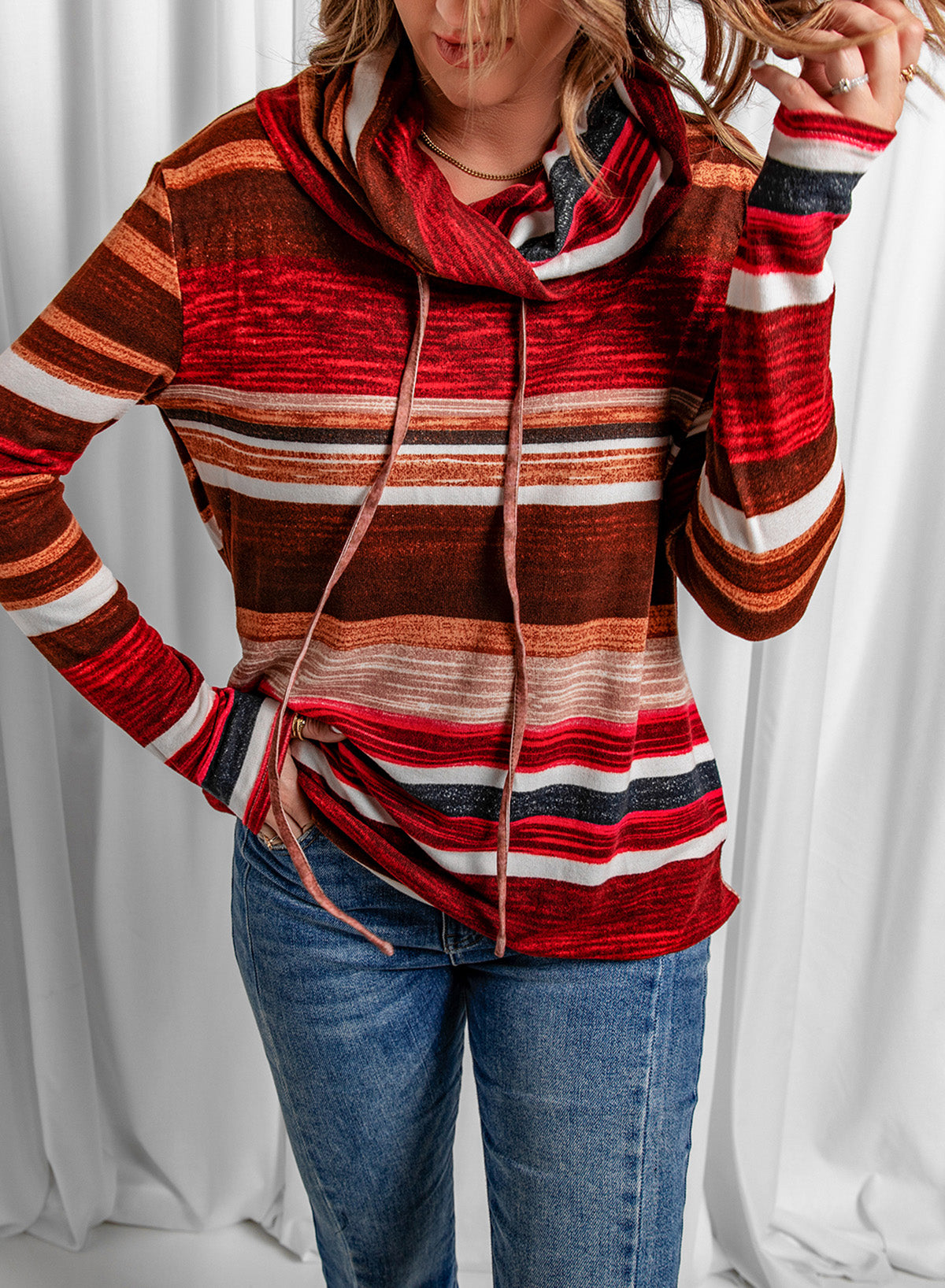 Striped Cowl Neck Tunic Sweatshirt - SHIRLYN.CO