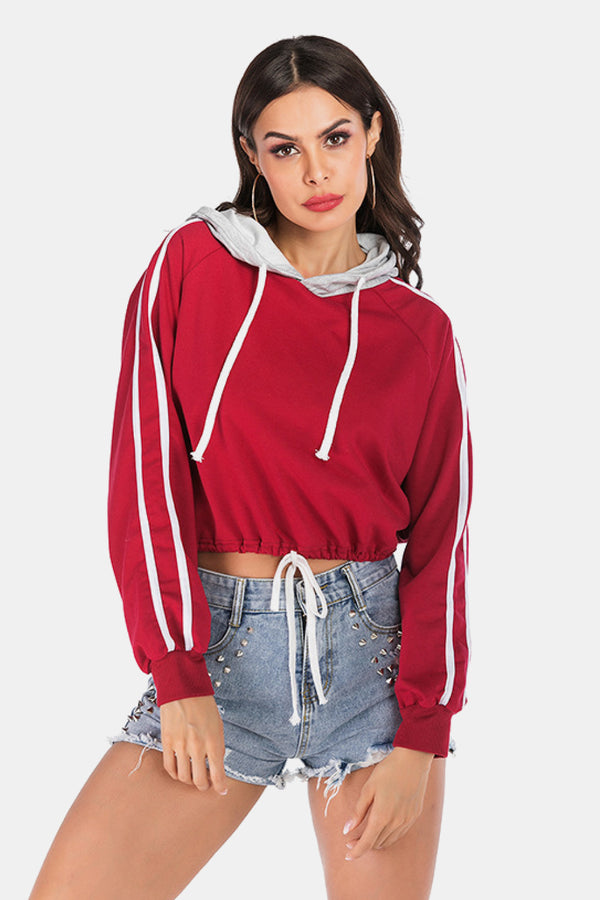 Full Size Side Stripe Drawstring Hem Cropped Hoodie - SHIRLYN.CO