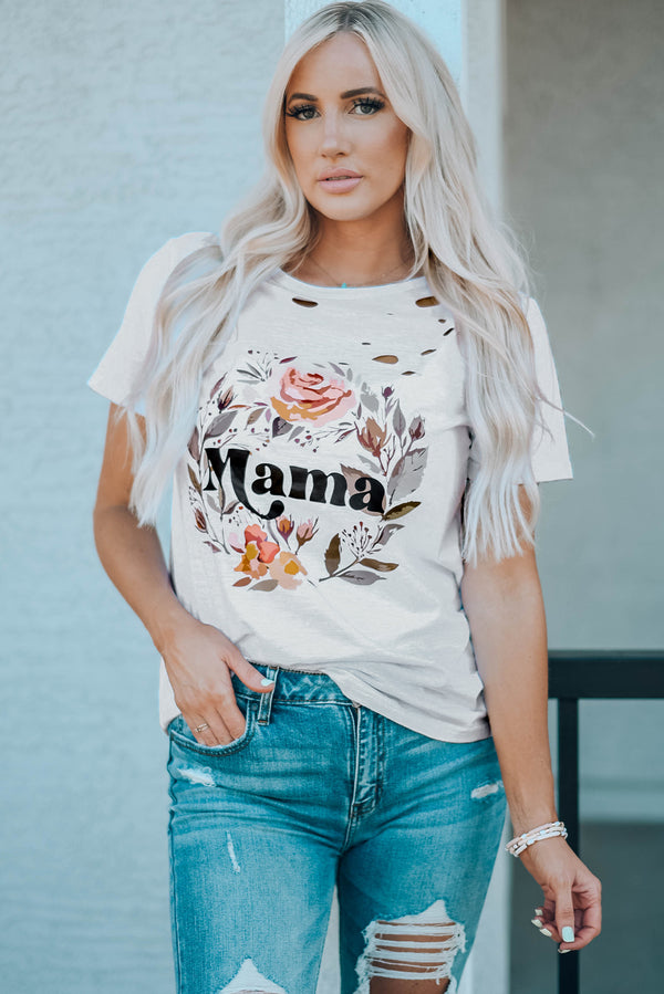MAMA Floral Graphic Distressed Tee - SHIRLYN.CO