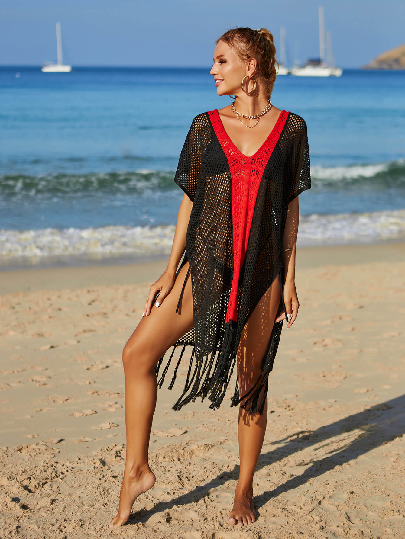 Contrast Fringe Trim Openwork Cover-Up Dress - SHIRLYN.CO