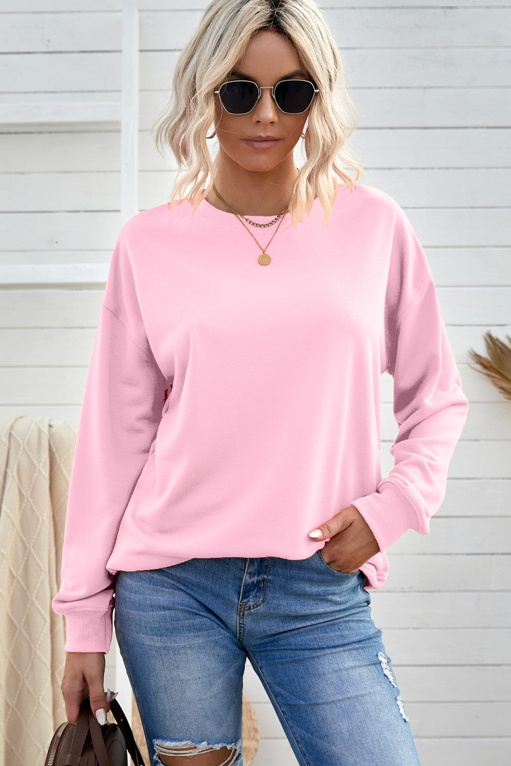 Drop Shoulder Ribbed Trim Sweatshirt - SHIRLYN.CO