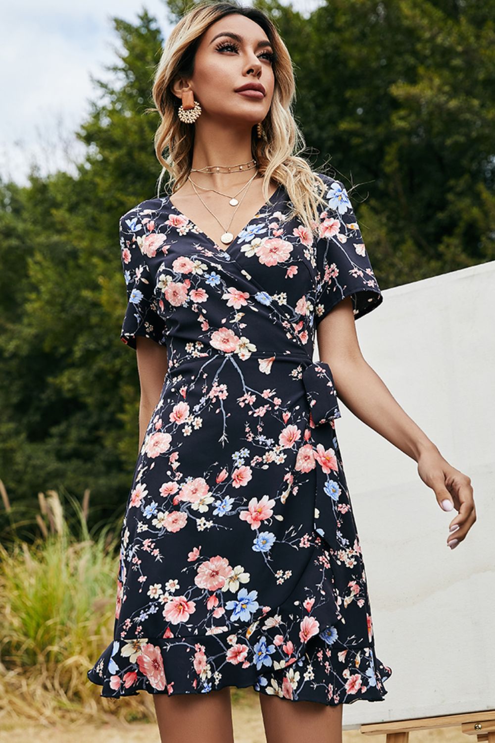 Floral Tied Ruffle Hem Surplice Dress - SHIRLYN.CO