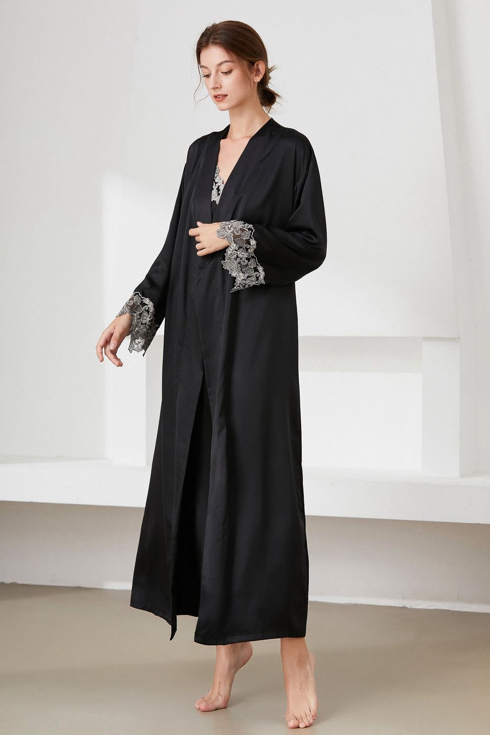 Contrast Lace Trim Satin Night Dress and Robe Set - SHIRLYN.CO