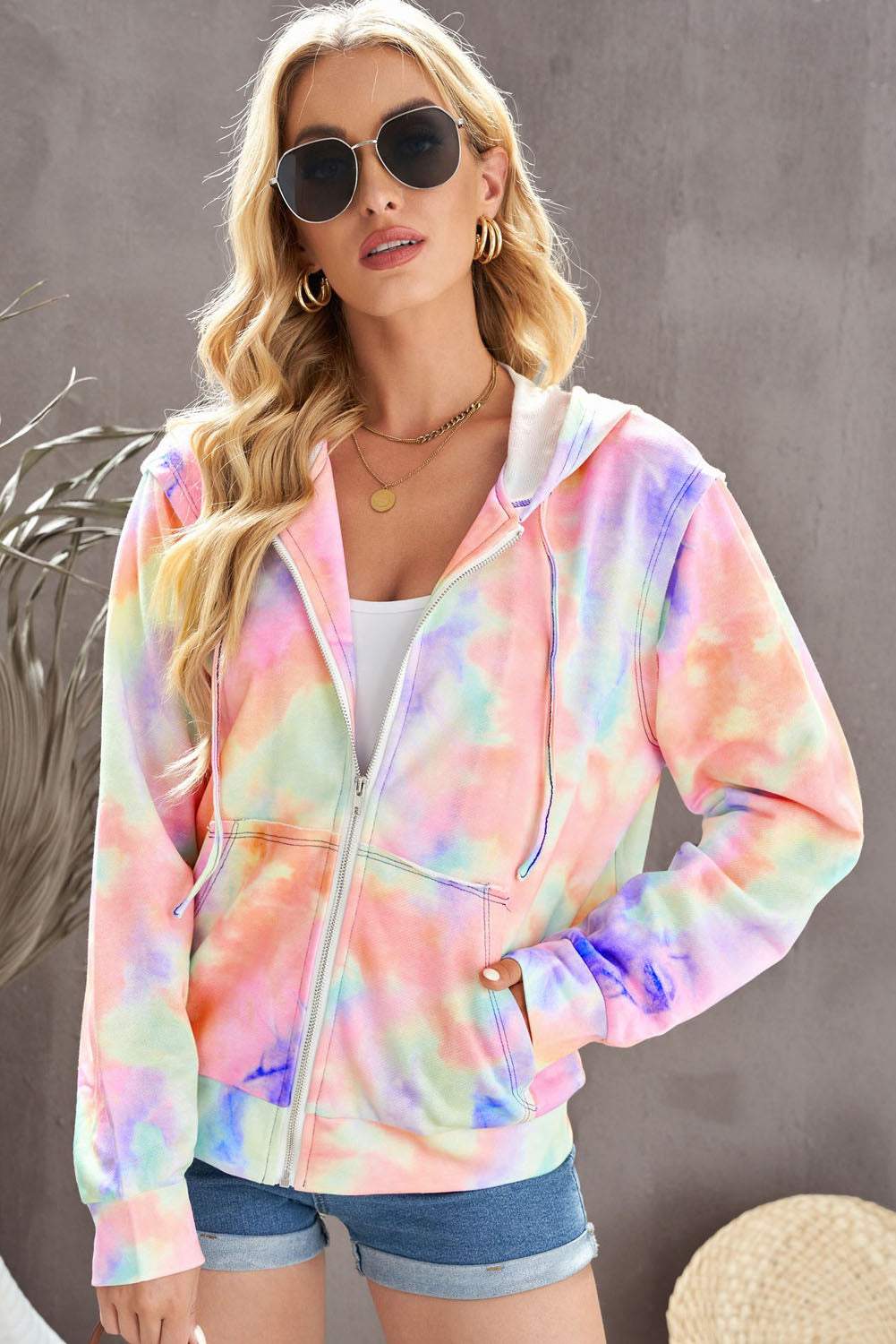 Tie-Dye Drawstring Detail Zip Up Hooded Jacket - SHIRLYN.CO