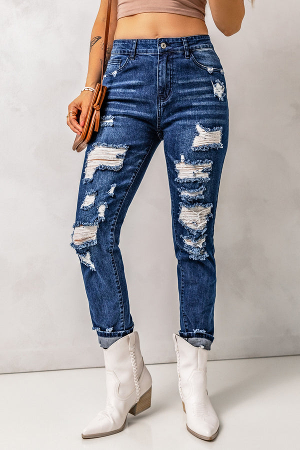 Distressed High Waist Pocket Jeans - SHIRLYN.CO