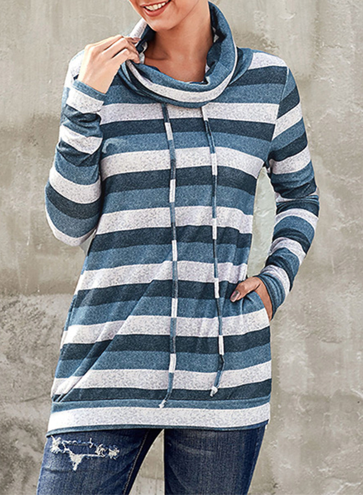 Striped Cowl Neck Tunic Sweatshirt - SHIRLYN.CO