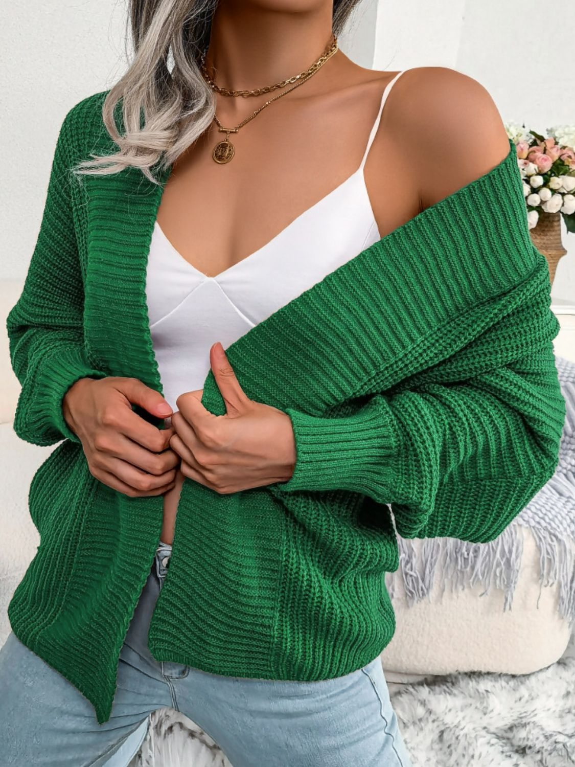 Rib-Knit Open Front Dolman Sleeve Cardigan - SHIRLYN.CO