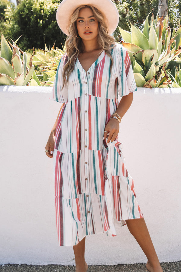Striped Button Front Flutter Sleeve Tiered Shirt Dress - SHIRLYN.CO