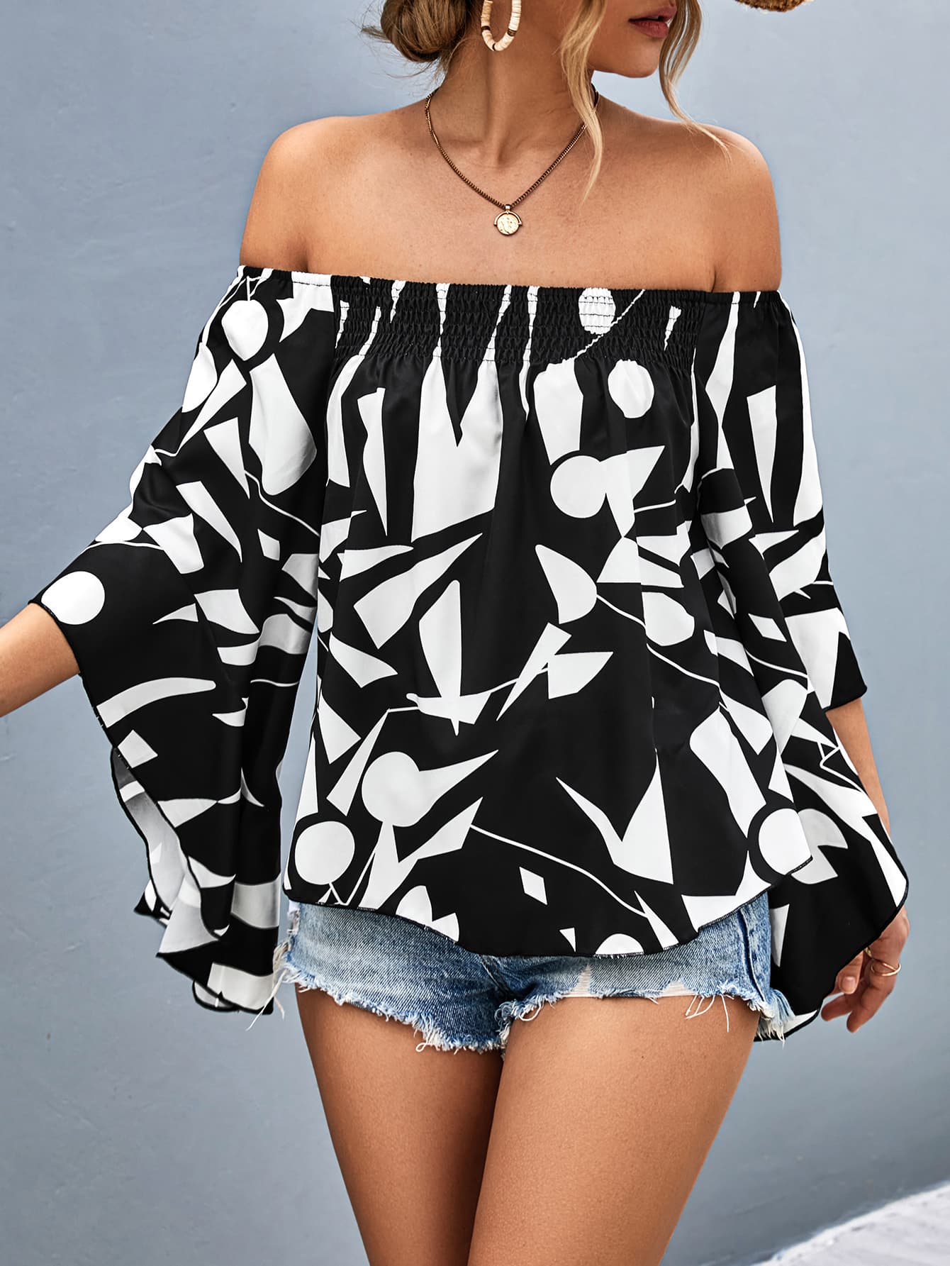 Printed Off-Shoulder Bell Sleeve Blouse - SHIRLYN.CO