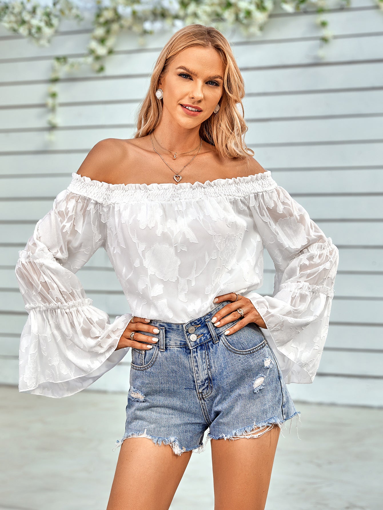 Applique Flounce Sleeve Off-Shoulder Blouse - SHIRLYN.CO