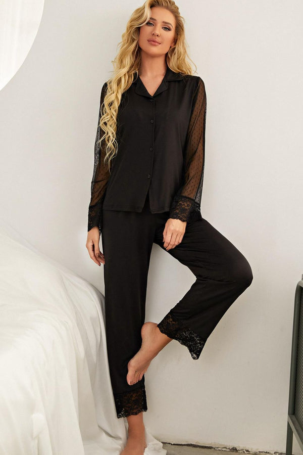 Spliced Lace Lapel Collar Pajama Set - SHIRLYN.CO