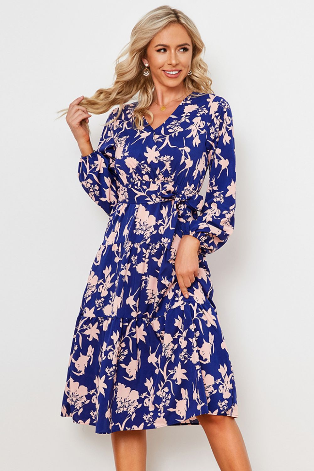 Floral Belted Tiered Midi Dress - SHIRLYN.CO