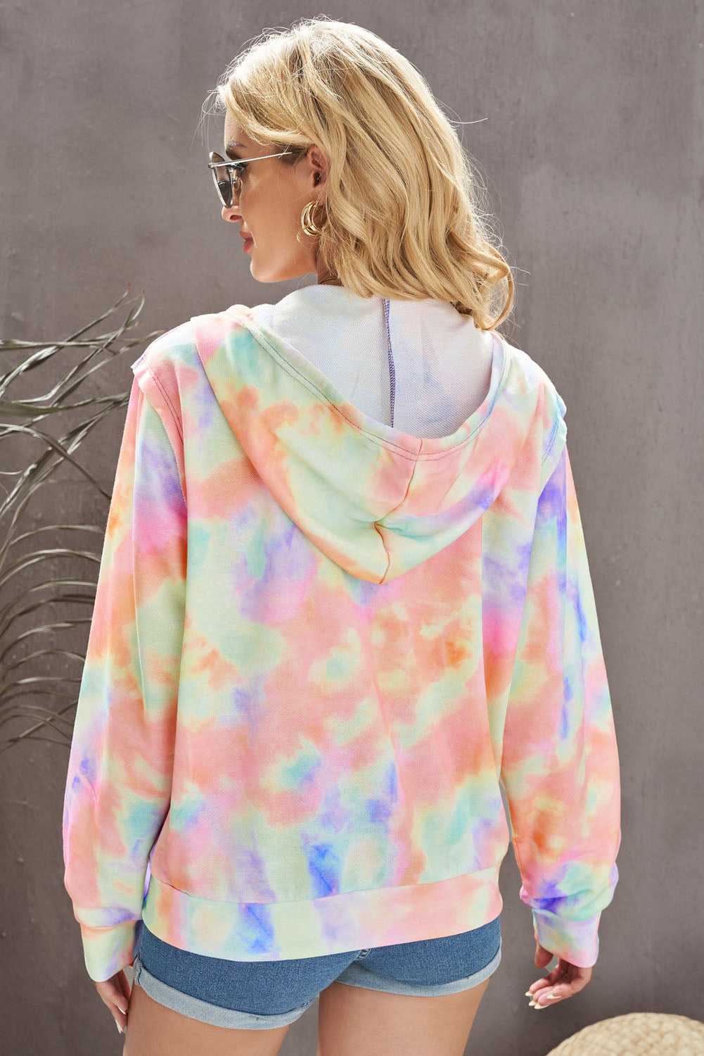 Tie-Dye Drawstring Detail Zip Up Hooded Jacket - SHIRLYN.CO