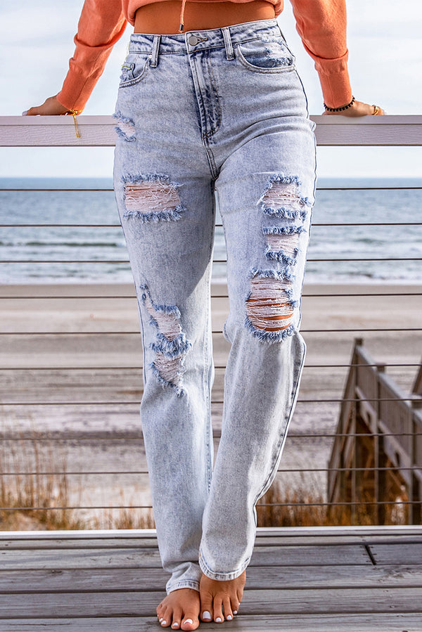Distressed Straight Leg Jeans with Pockets - SHIRLYN.CO