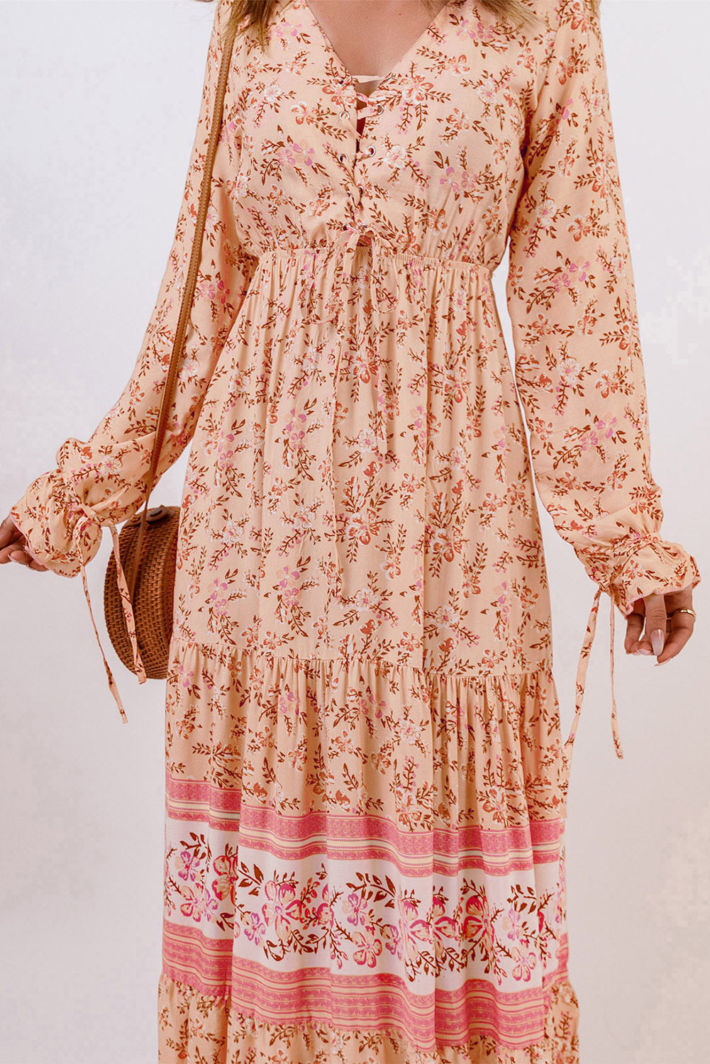 Bohemian Lace-Up Long Sleeve Maxi Dress - SHIRLYN.CO