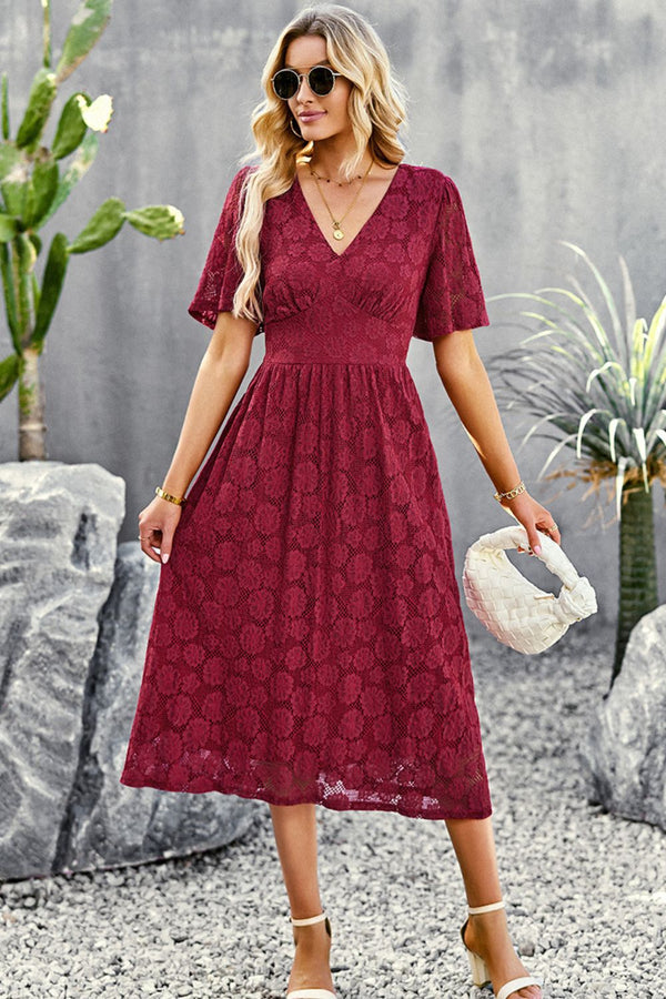 V-Neck Puff Sleeve Lace Midi Dress - SHIRLYN.CO