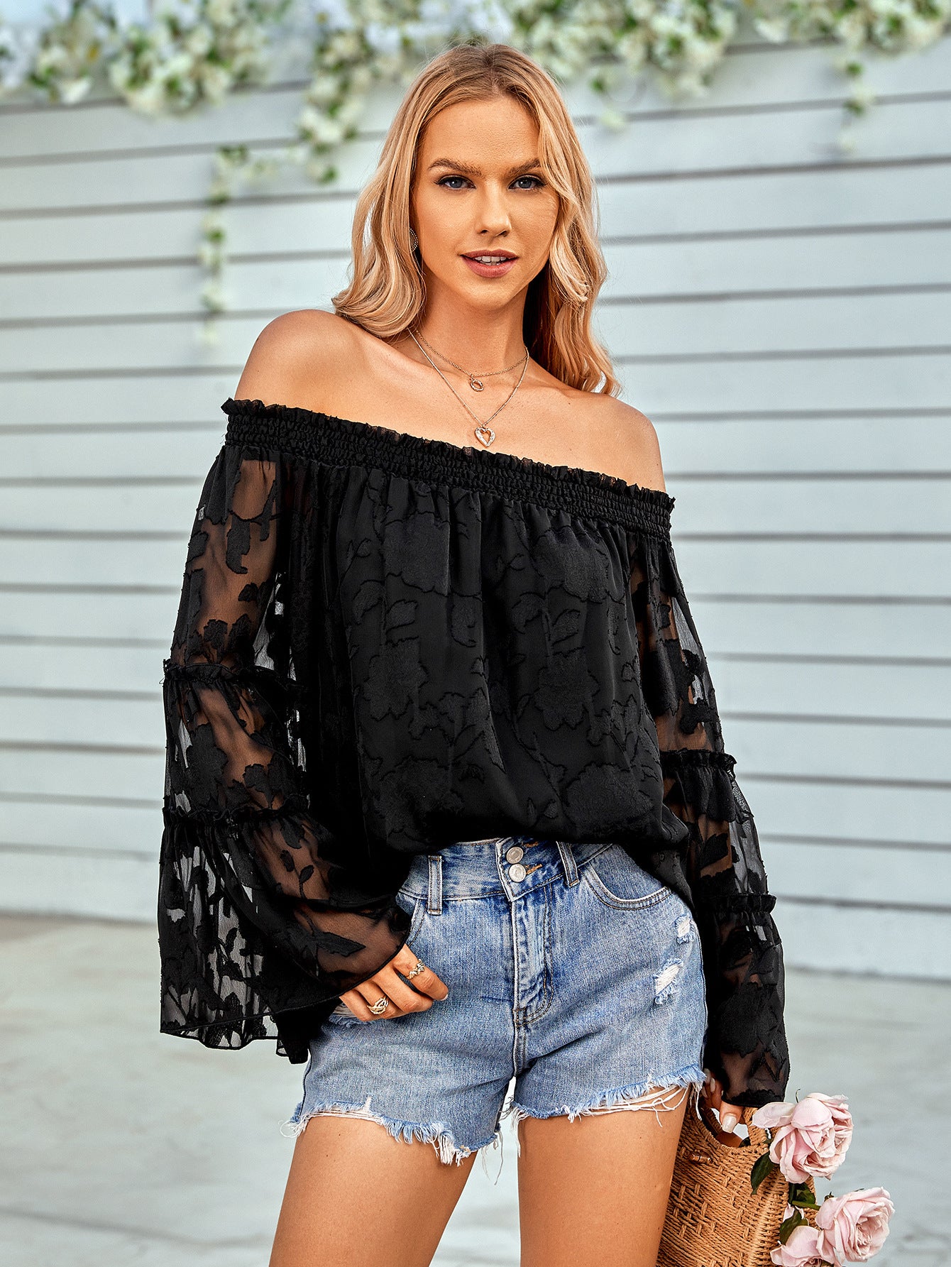 Applique Flounce Sleeve Off-Shoulder Blouse - SHIRLYN.CO