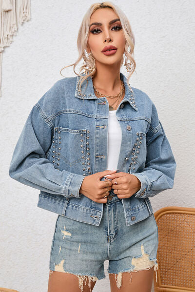 Studded Pocketed Button Up Denim Jacket