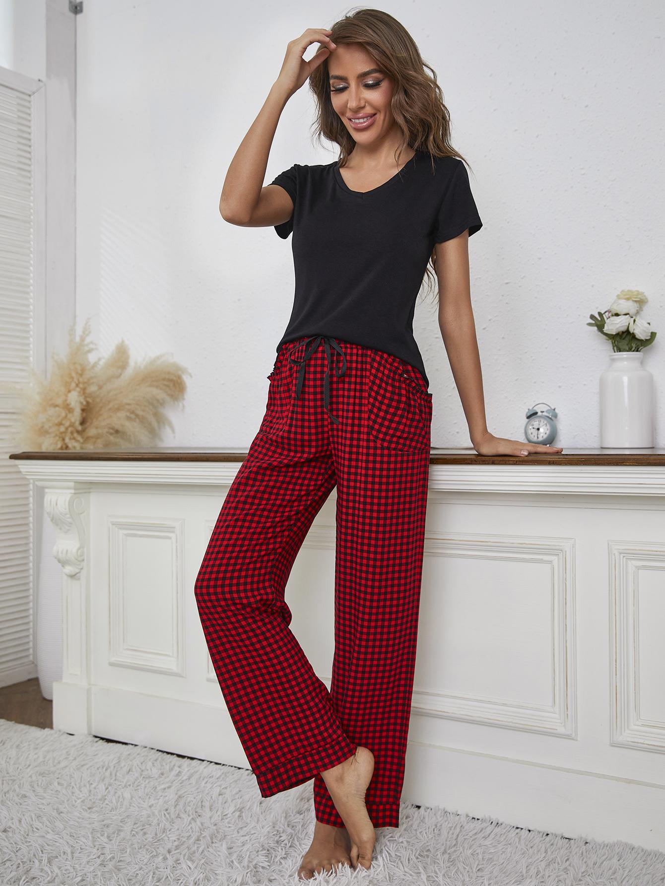 V-Neck Top and Gingham Pants Lounge Set - SHIRLYN.CO