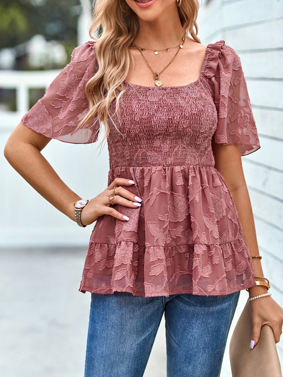 Smocked Square Neck Babydoll Blouse - SHIRLYN.CO