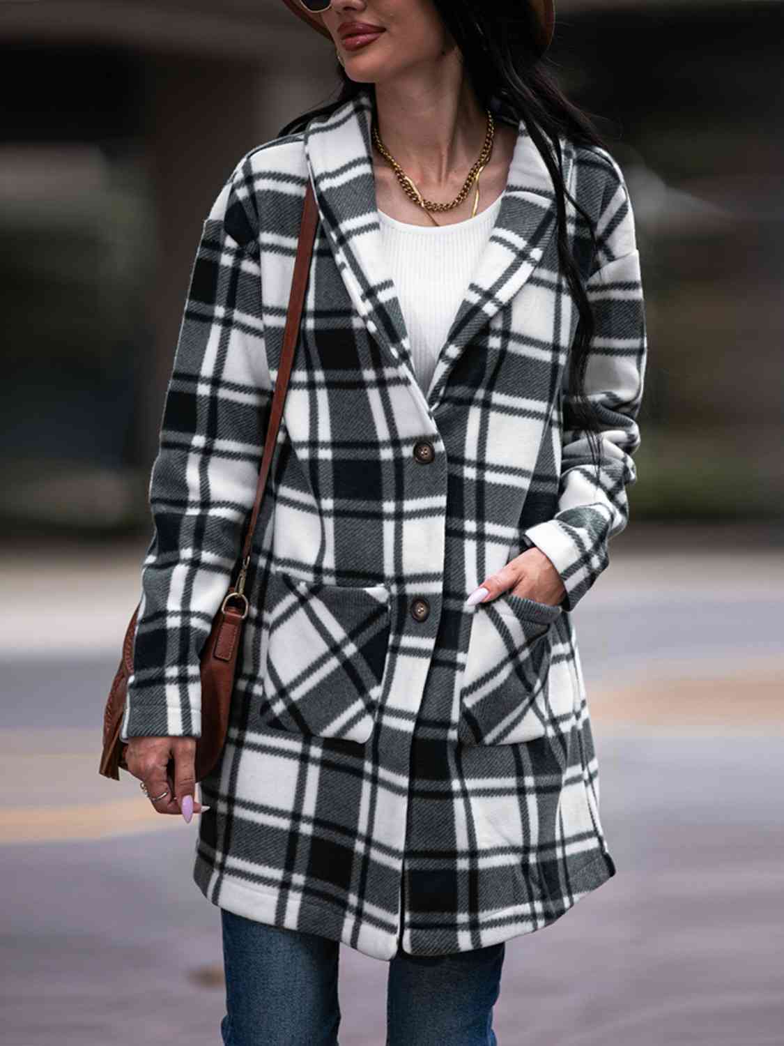 Plaid Shawl Collar Coat with Pockets