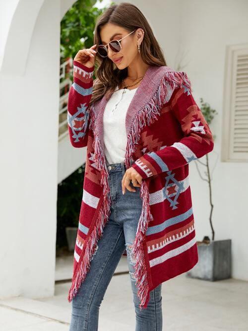 Fringe Geometric Hooded Long Sleeve Cardigan