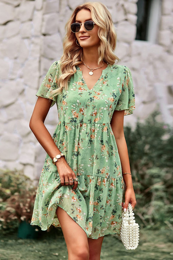 Floral Notched Flutter Sleeve Mini Dress - SHIRLYN.CO