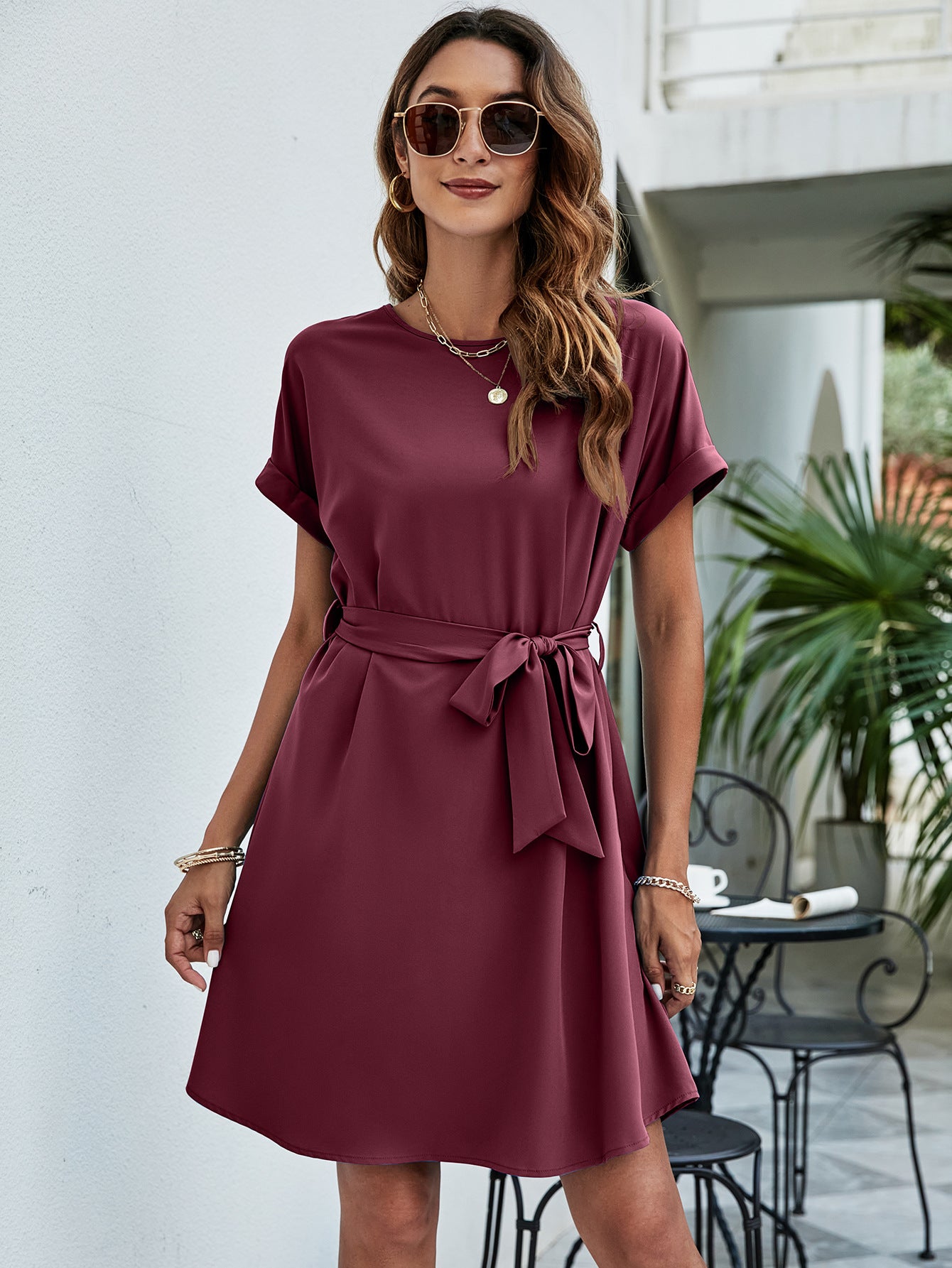 Belted Round Neck Curved Hem Dress - SHIRLYN.CO