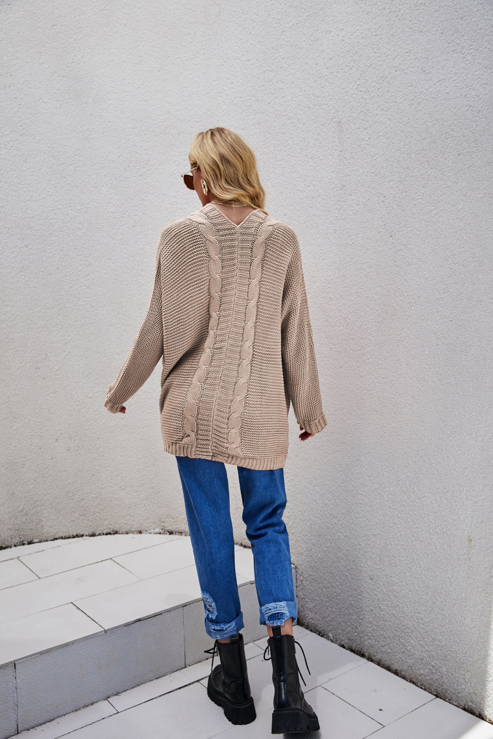 Cable-Knit Curved Hem Open Front Cardigan - SHIRLYN.CO