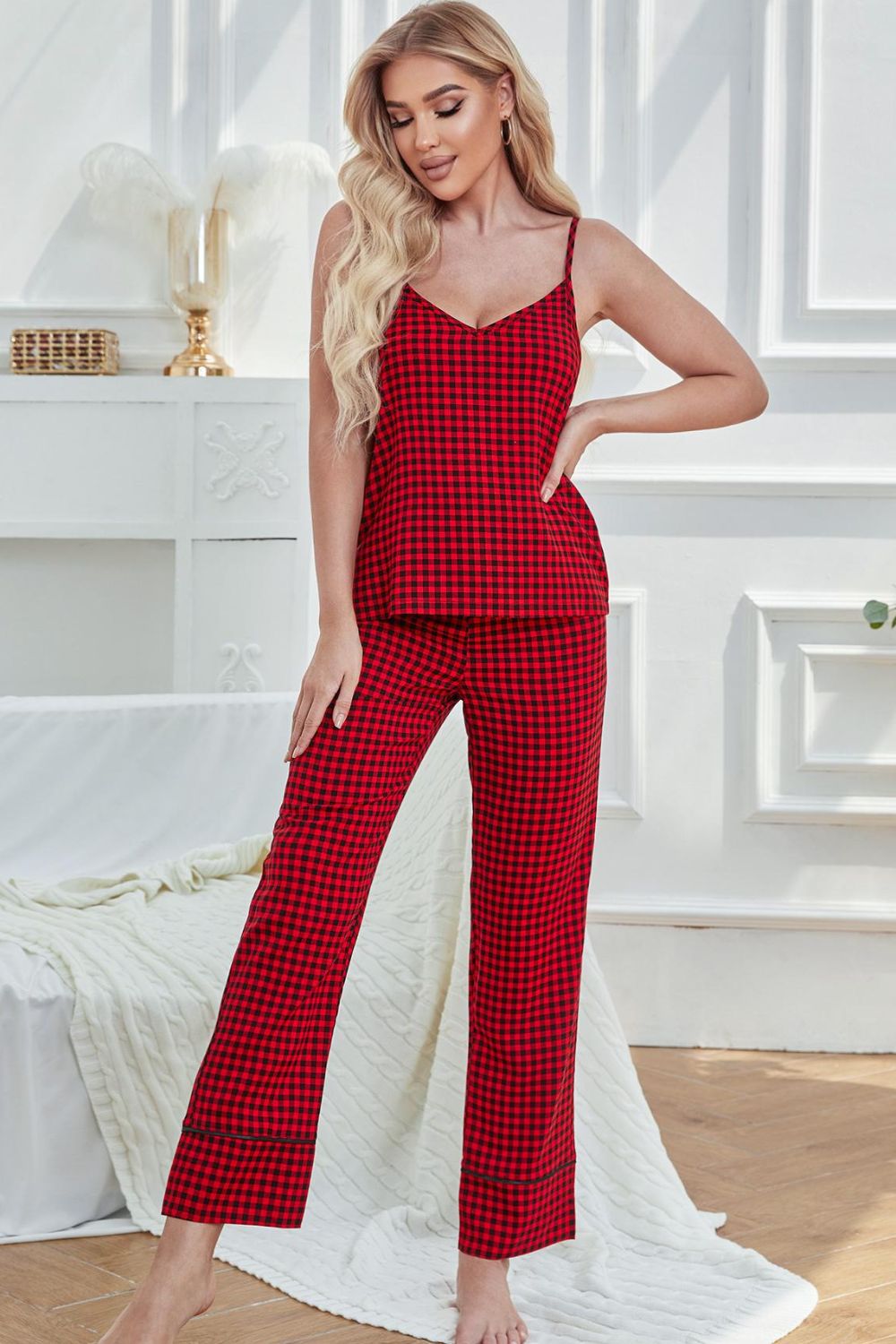 Gingham V-Neck Cami and Tied Pants Lounge Set - SHIRLYN.CO