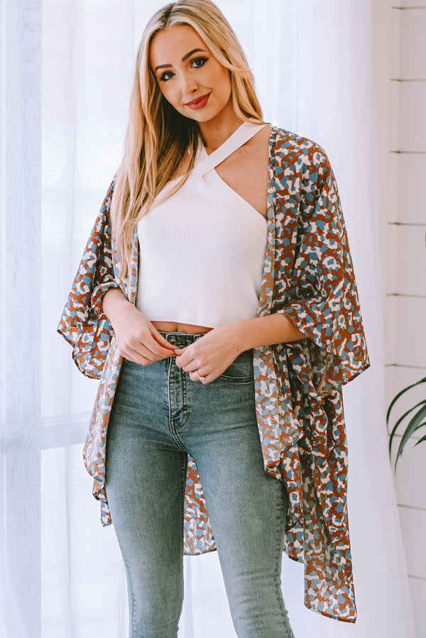 Printed Open Front Three-Quarter Sleeve Cover Up - SHIRLYN.CO