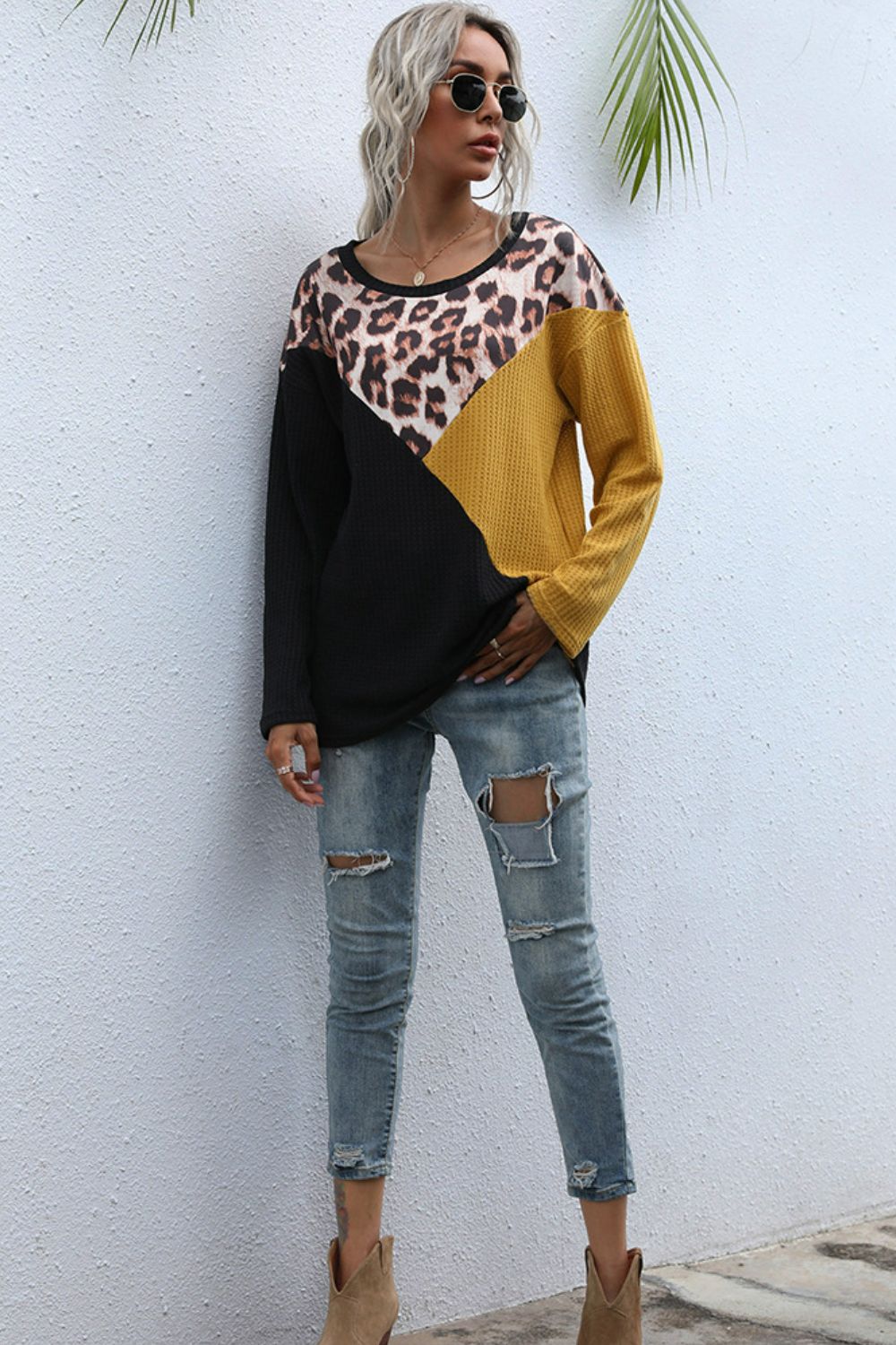 Leopard Color Block Waffle-Knit Top - SHIRLYN.CO