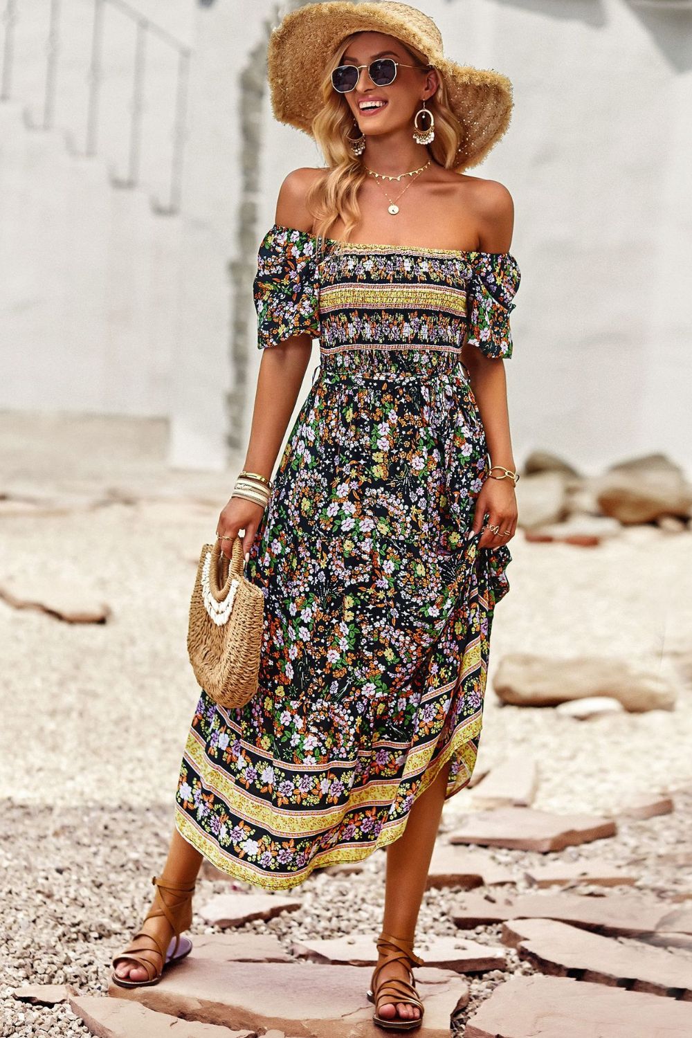 Bohemian Square Neck Short Sleeve Midi Dress - SHIRLYN.CO