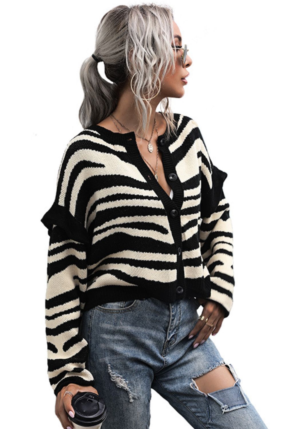 Striped Button-Down Round Neck Drop Shoulder Cardigan - SHIRLYN.CO