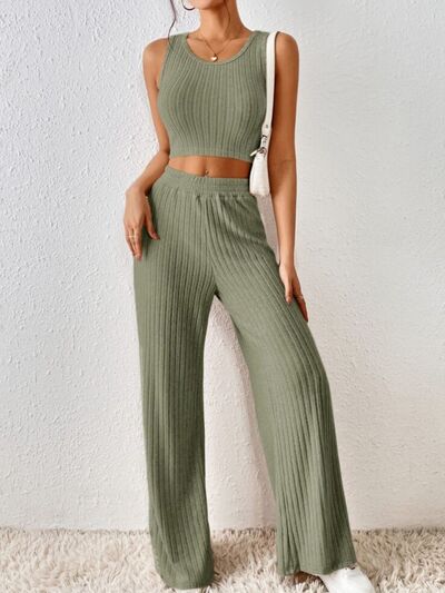 Ribbed Round Neck Tank and Pants Sweater Set