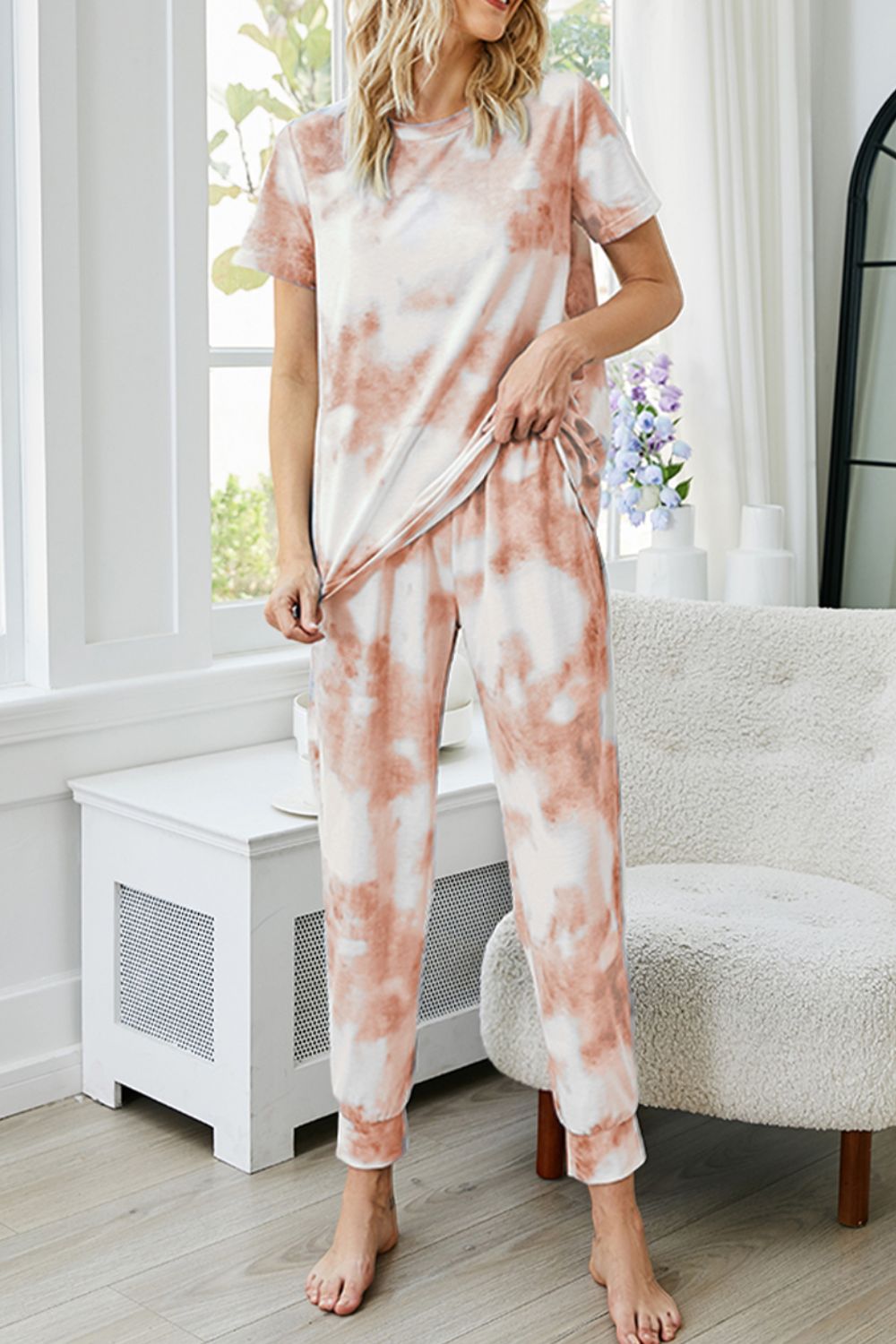 Tie-Dye Round Neck Short Sleeve Top and Pants Lounge Set - SHIRLYN.CO